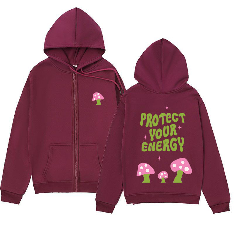 Trendy Minimalist Design Letter Mushroom Print Zipper Sweatshirt Loose Hoodie Cardigan Jacket