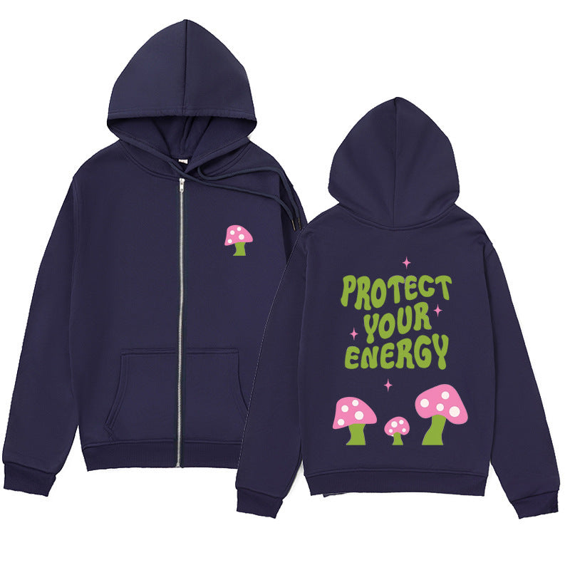 Trendy Minimalist Design Letter Mushroom Print Zipper Sweatshirt Loose Hoodie Cardigan Jacket
