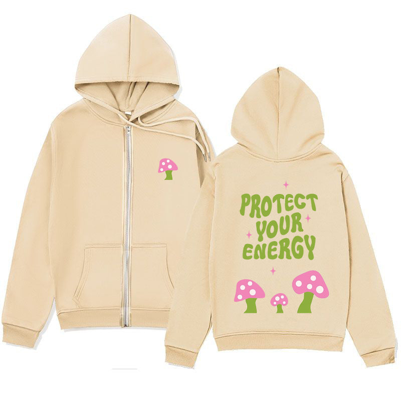 Trendy Minimalist Design Letter Mushroom Print Zipper Sweatshirt Loose Hoodie Cardigan Jacket