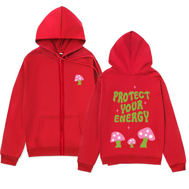 Trendy Minimalist Design Letter Mushroom Print Zipper Sweatshirt Loose Hoodie Cardigan Jacket
