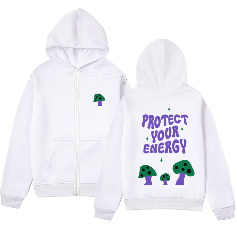 Trendy Minimalist Design Letter Mushroom Print Zipper Sweatshirt Loose Hoodie Cardigan Jacket