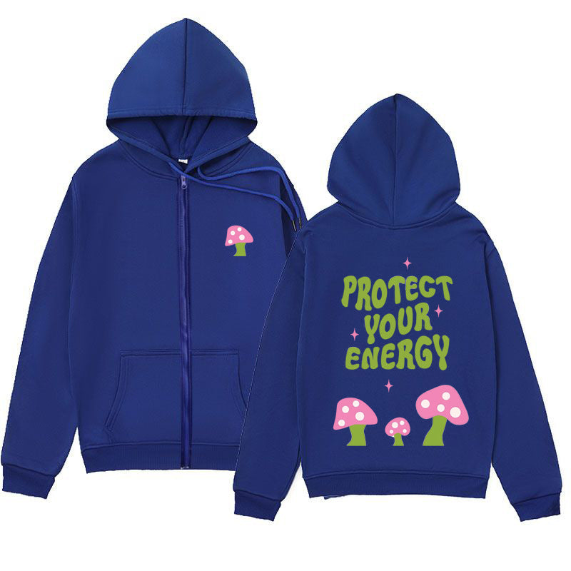 Trendy Minimalist Design Letter Mushroom Print Zipper Sweatshirt Loose Hoodie Cardigan Jacket