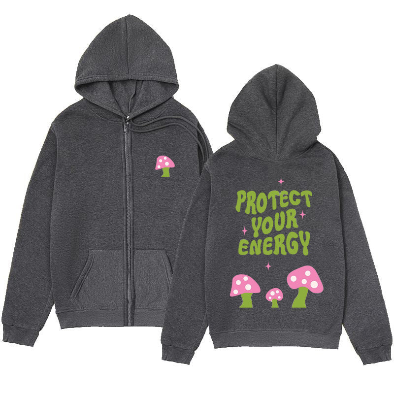 Trendy Minimalist Design Letter Mushroom Print Zipper Sweatshirt Loose Hoodie Cardigan Jacket