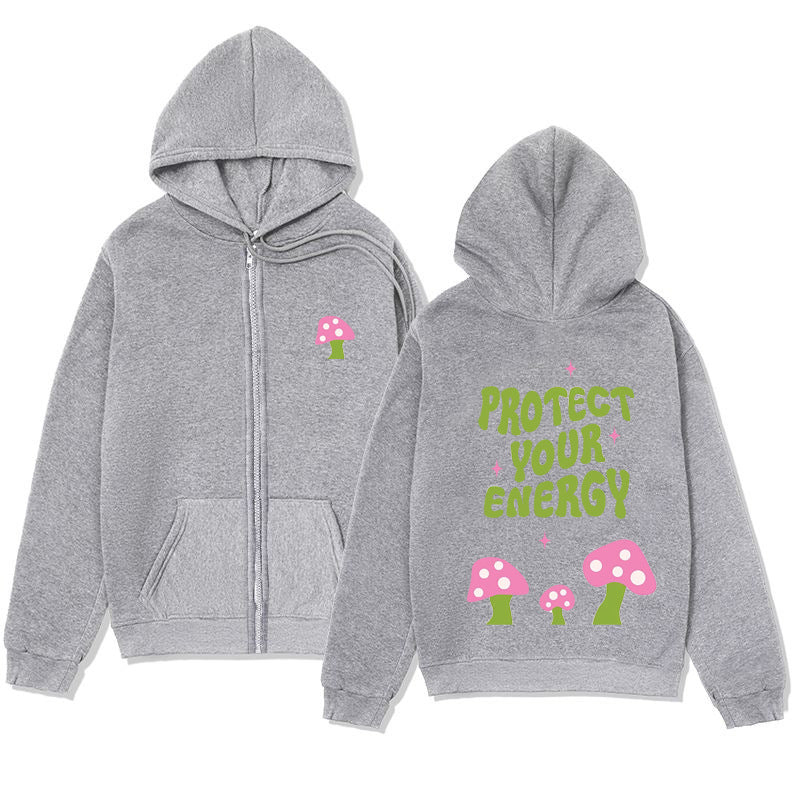 Trendy Minimalist Design Letter Mushroom Print Zipper Sweatshirt Loose Hoodie Cardigan Jacket