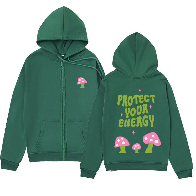 Trendy Minimalist Design Letter Mushroom Print Zipper Sweatshirt Loose Hoodie Cardigan Jacket