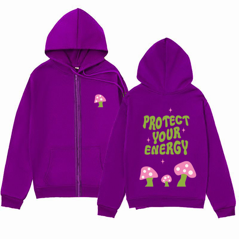 Trendy Minimalist Design Letter Mushroom Print Zipper Sweatshirt Loose Hoodie Cardigan Jacket