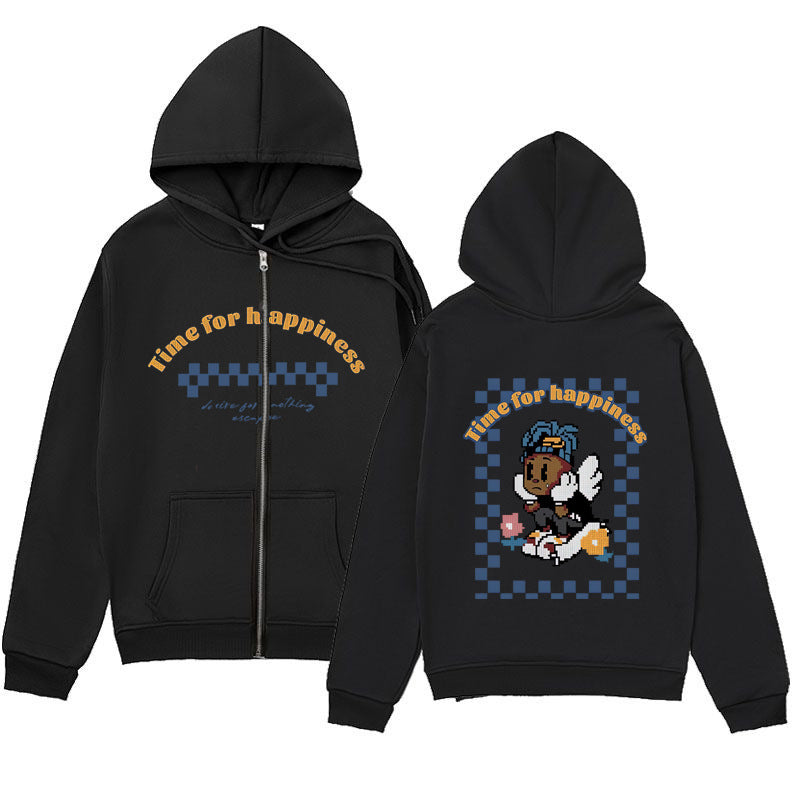 Trendy Minimalist Design Melancholic Child Print Zip-Up Hoodie Loose Sweatshirt Cardigan Jacket