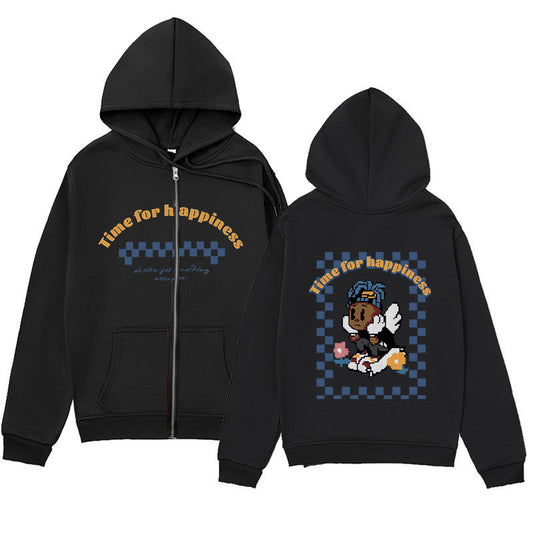 Trendy Minimalist Design Melancholic Child Print Zip-Up Hoodie Loose Sweatshirt Cardigan Jacket