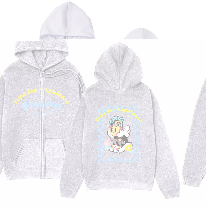 Trendy Minimalist Design Melancholic Child Print Zip-Up Hoodie Loose Sweatshirt Cardigan Jacket
