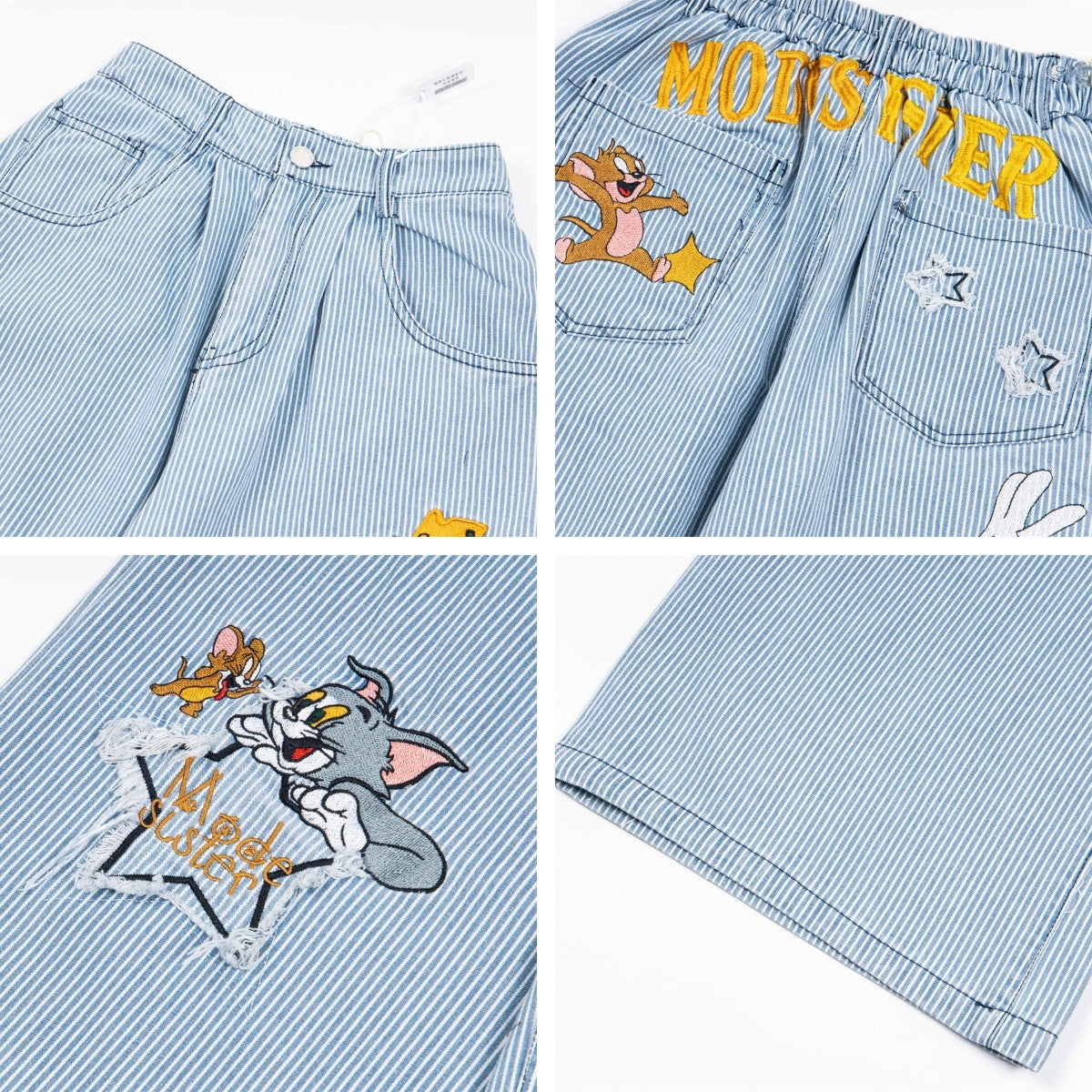 Striped embroidered jeans straight leg pants