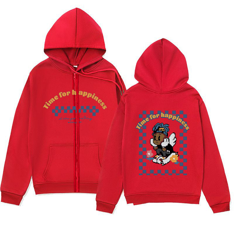 Trendy Minimalist Design Melancholic Child Print Zip-Up Hoodie Loose Sweatshirt Cardigan Jacket