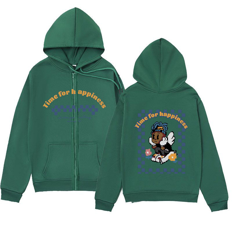 Trendy Minimalist Design Melancholic Child Print Zip-Up Hoodie Loose Sweatshirt Cardigan Jacket
