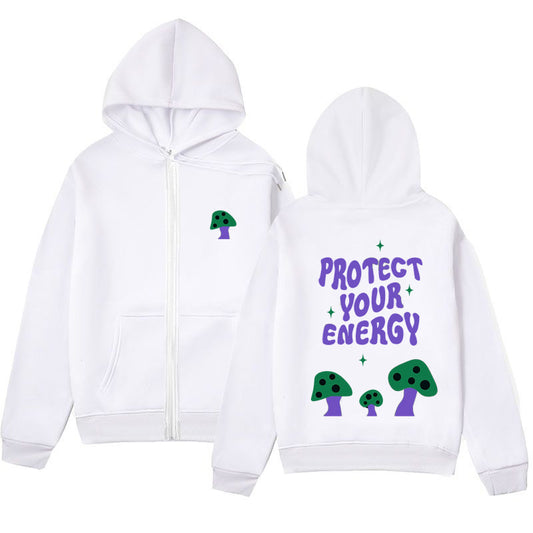 Trendy Minimalist Design Letter Mushroom Print Zipper Sweatshirt Loose Hoodie Cardigan Jacket