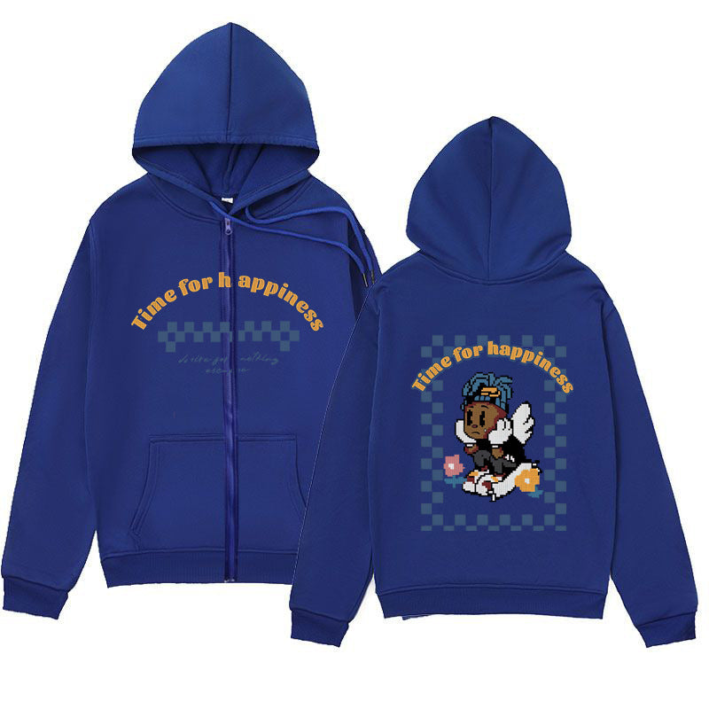 Trendy Minimalist Design Melancholic Child Print Zip-Up Hoodie Loose Sweatshirt Cardigan Jacket