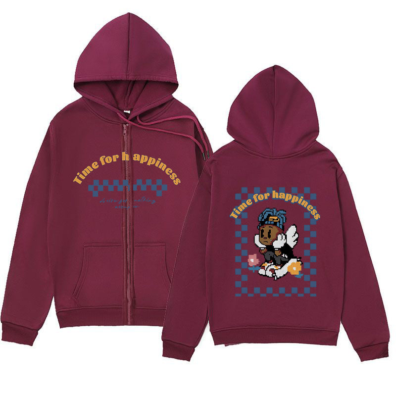 Trendy Minimalist Design Melancholic Child Print Zip-Up Hoodie Loose Sweatshirt Cardigan Jacket