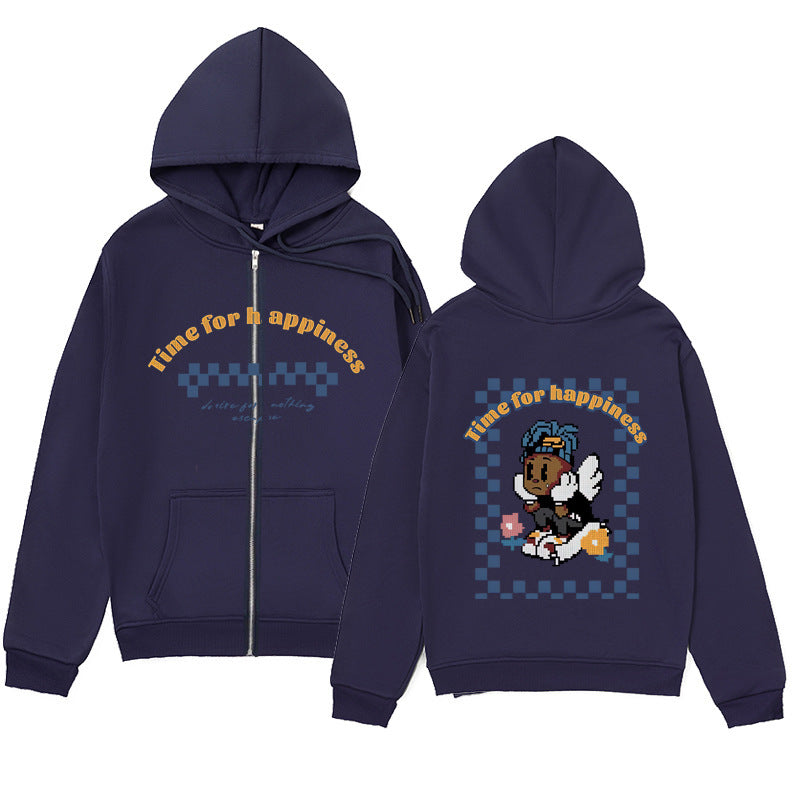 Trendy Minimalist Design Melancholic Child Print Zip-Up Hoodie Loose Sweatshirt Cardigan Jacket