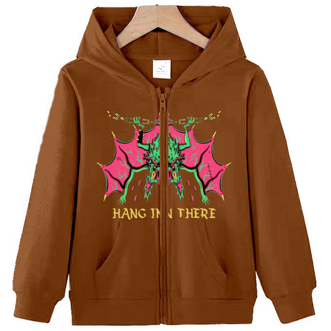 Trendy Bat Print Children's Zip-Up Hoodie Casual Loose Fit Versatile