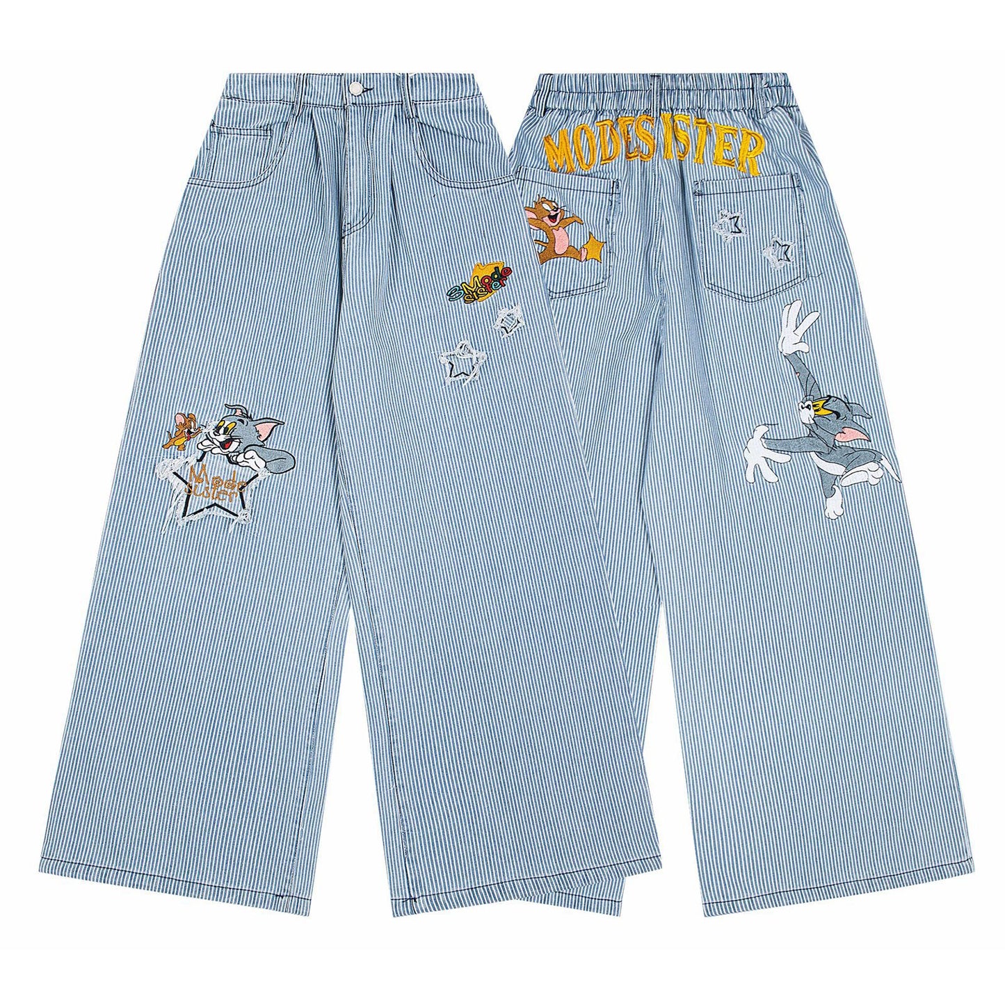 Striped embroidered jeans straight leg pants