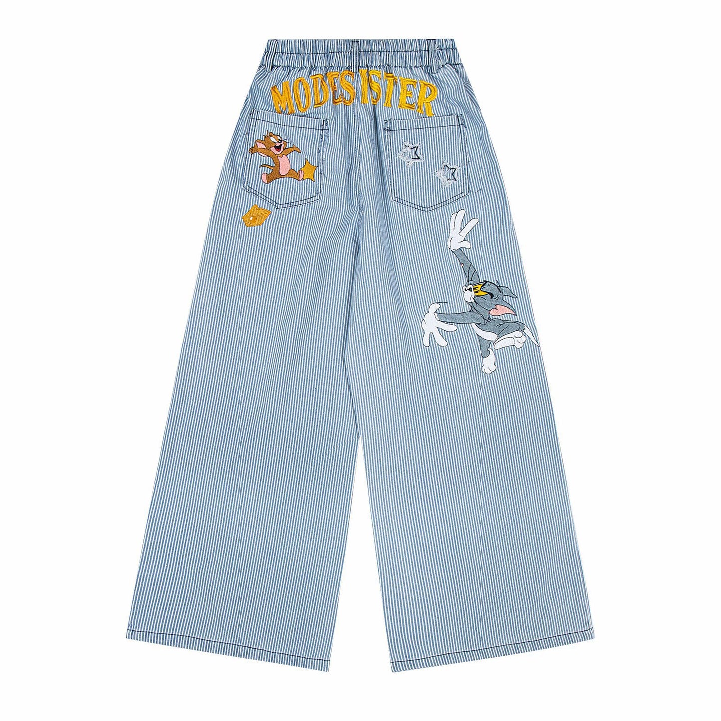 Striped embroidered jeans straight leg pants