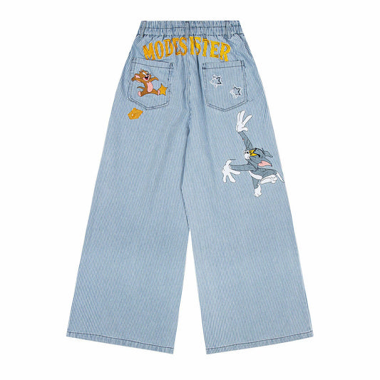 Striped embroidered jeans straight leg pants