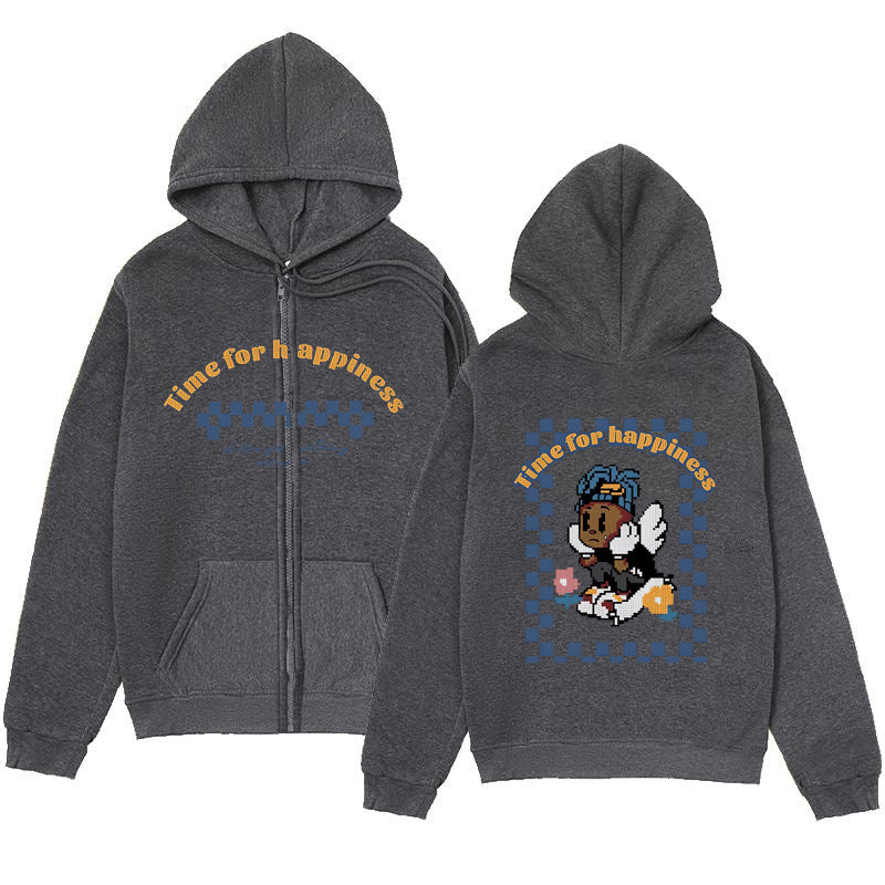 Trendy Minimalist Design Melancholic Child Print Zip-Up Hoodie Loose Sweatshirt Cardigan Jacket