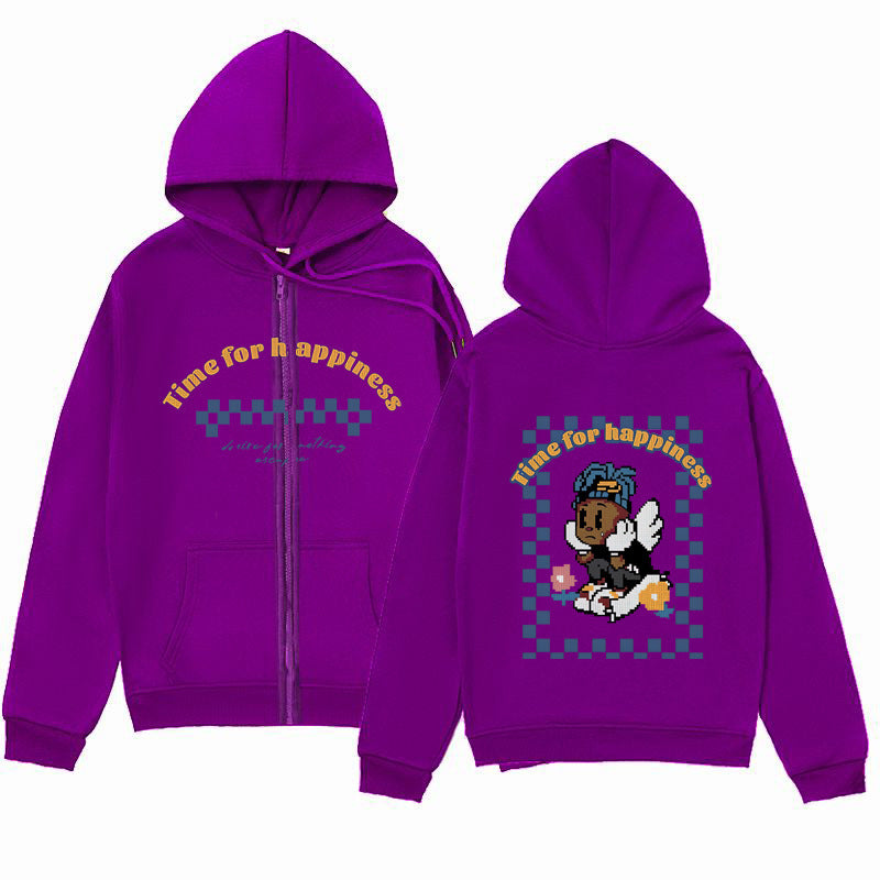 Trendy Minimalist Design Melancholic Child Print Zip-Up Hoodie Loose Sweatshirt Cardigan Jacket
