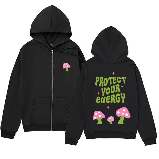 Trendy Minimalist Design Letter Mushroom Print Zipper Sweatshirt Loose Hoodie Cardigan Jacket