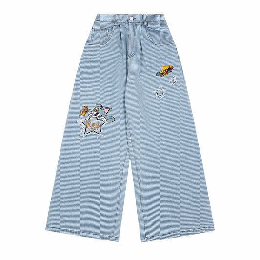 Striped embroidered jeans straight leg pants
