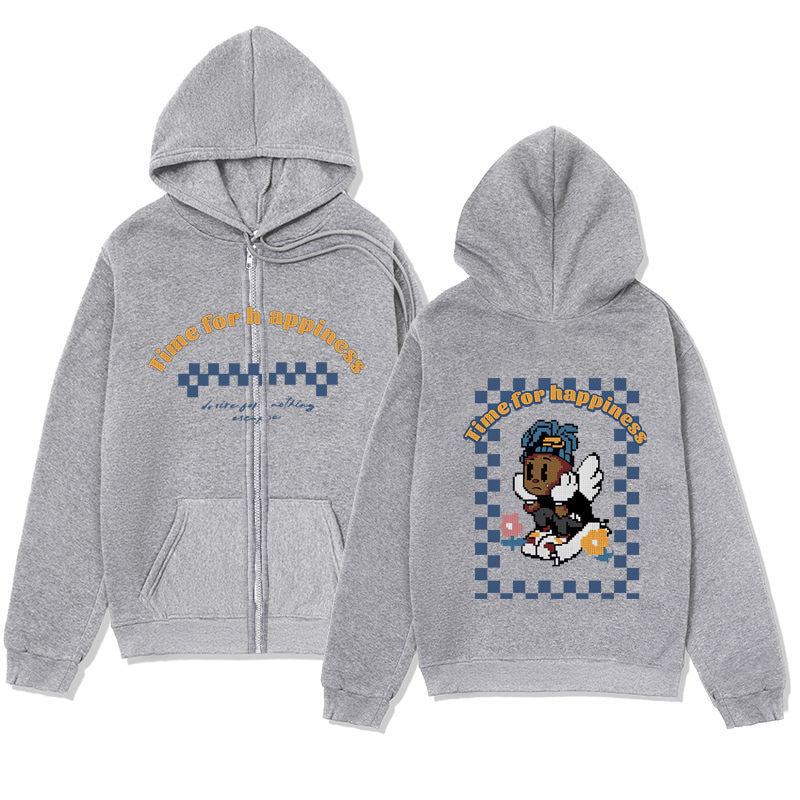 Trendy Minimalist Design Melancholic Child Print Zip-Up Hoodie Loose Sweatshirt Cardigan Jacket
