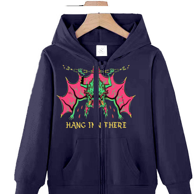 Trendy Bat Print Children's Zip-Up Hoodie Casual Loose Fit Versatile