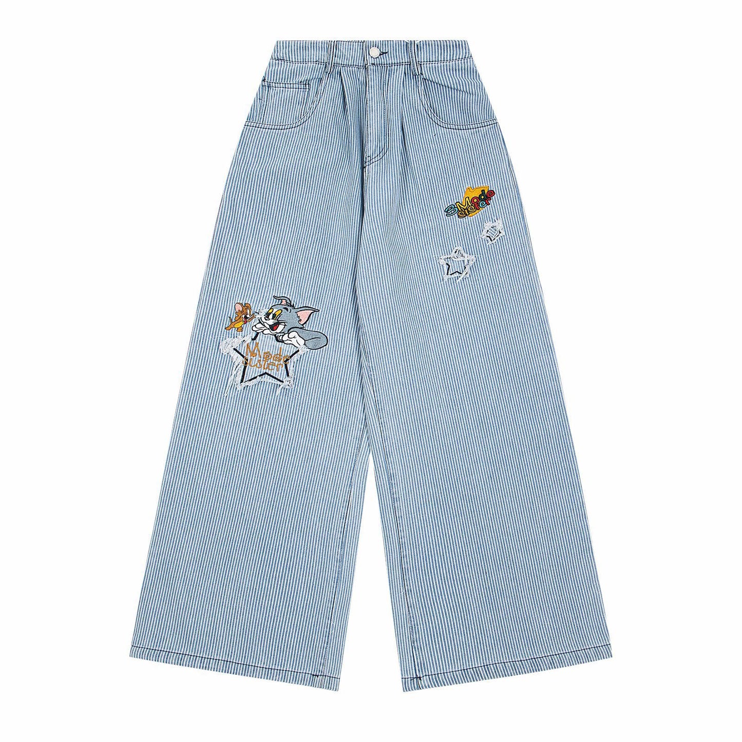 Striped embroidered jeans straight leg pants
