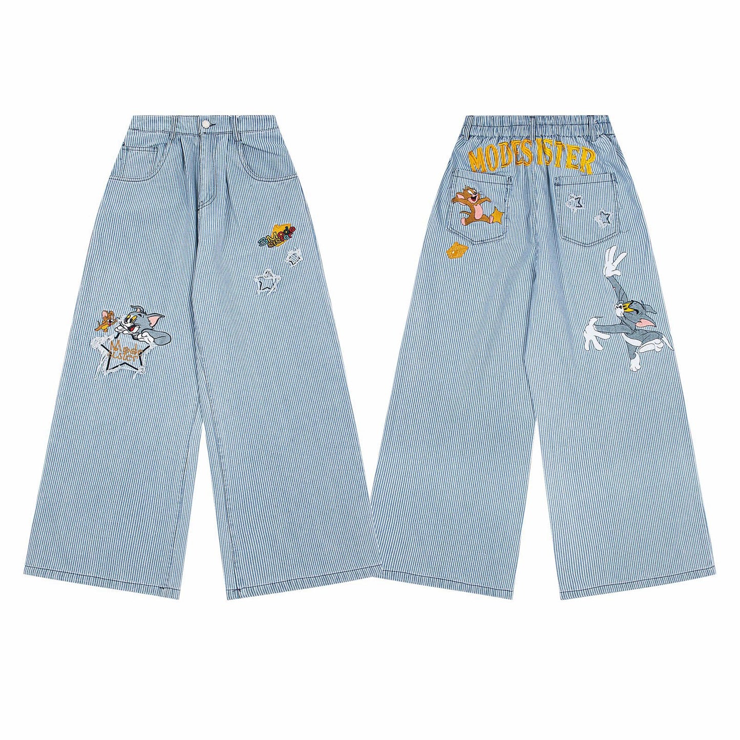 Striped embroidered jeans straight leg pants